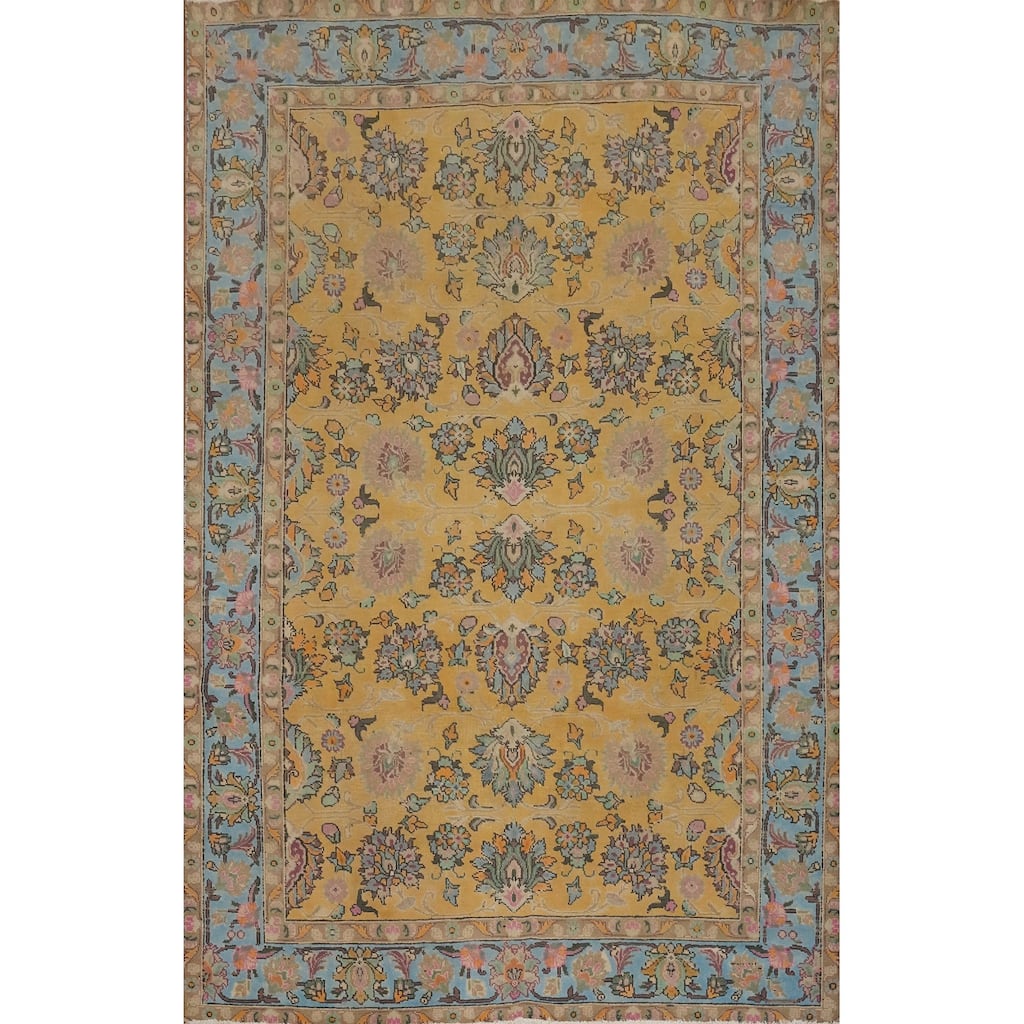 Hand Knotted Oriental 100% Wool Carpet Traditional Floral Yellow & Gold Tabriz Area Rug - 9' 1'' X 6' 3''