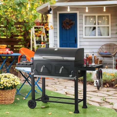 Double-Door Charcoal Patio Grill with Side Shelf