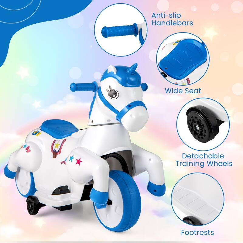 Gymax 12V Kids Ride on Unicorn Toy w/ Training Wheels Music One-button