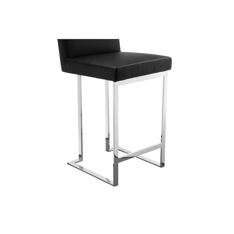 Boly 26 Inch Counter Height Chair, Black Faux Leather, Chrome Steel