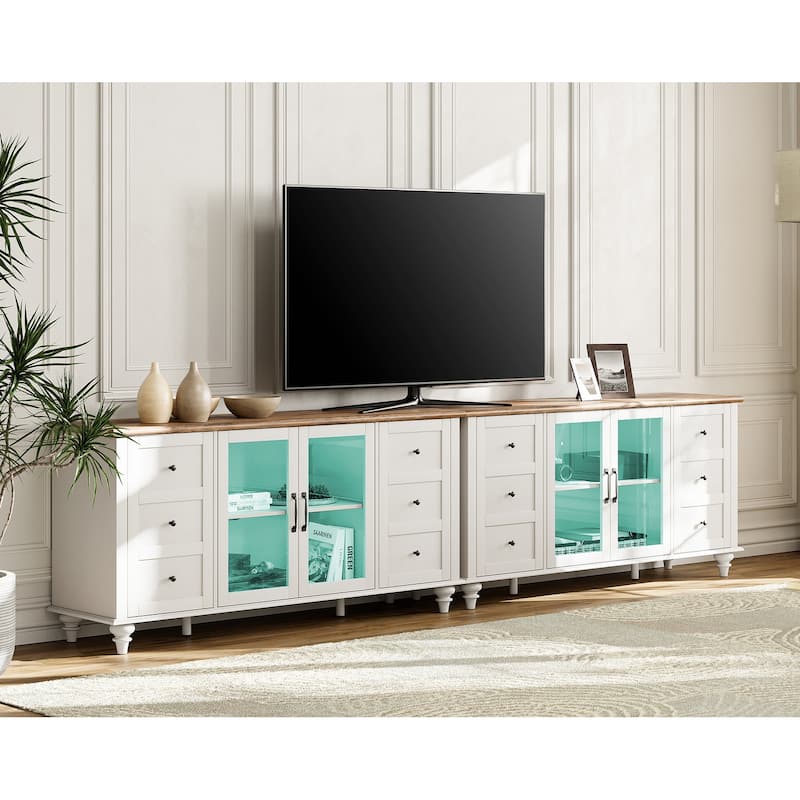 WAMPAT Farmhouse 2 in 1 TV Stand with Glass Door for up to 110" TVs, Modern Entertainment Center with LED Light - 116''