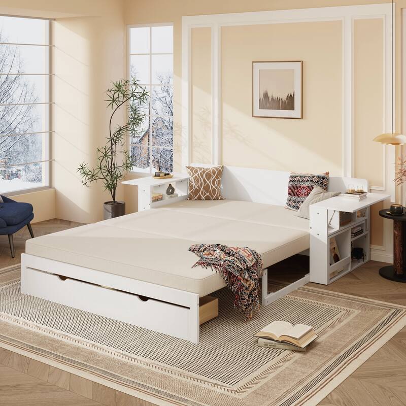 Queen Size Daybed with Removable Desk, Storage Drawers & Hydraulic Side Table - White