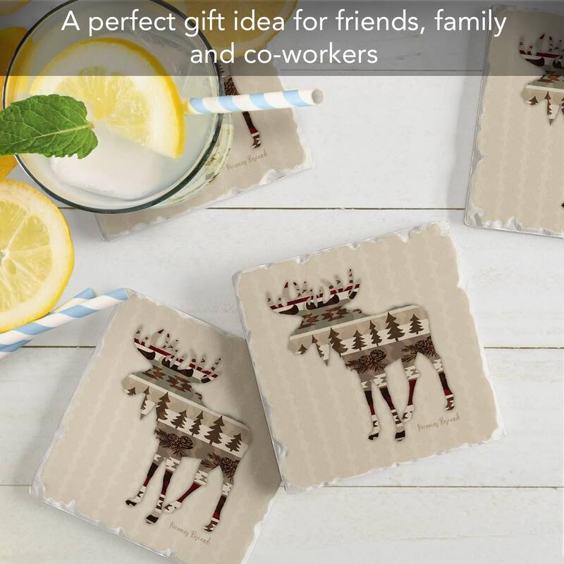 Patterned Moose 4-Pack Absorbent Stone Tumbled Tile Coasters with Protective Cork Backing 4" in The USA Easily Wipes Clean