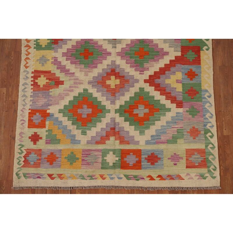 Hand Woven Oriental 100% Wool Carpet Southwestern Geometric Multi-Colored Kilim Area Rug - 6' 8'' X 4' 10''