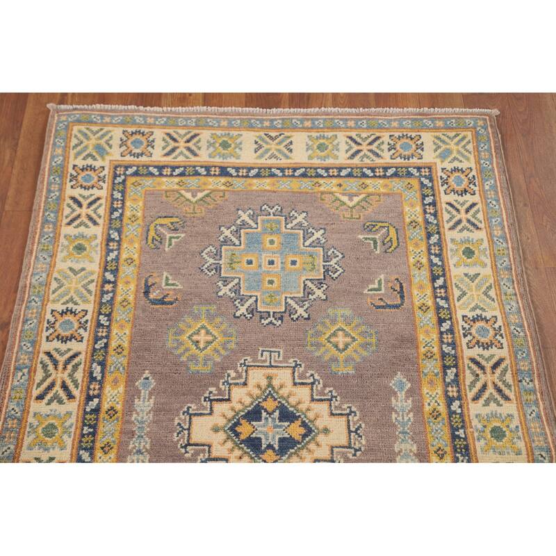 Geometric Brown Kazak Foyer Rug Hand-Knotted Wool Carpet - 2'8" x 4'3"