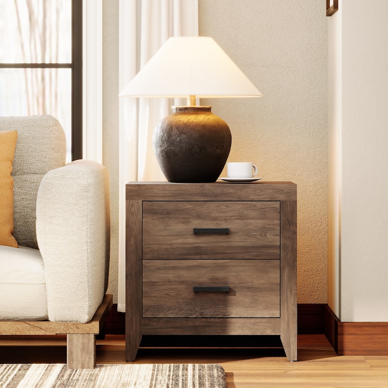 WAMPAT Farmhouse End Table with 2 Storage Drawers - Rustic Brown Accent Table for Bedroom & Living Room