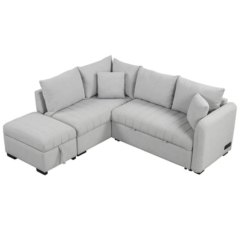 L-Shaped Sectional Sofa with Pull Out Sofa Bed & Storage Ottoman, Convertible Sleeper Sofa with USB Ports & Power Sockets
