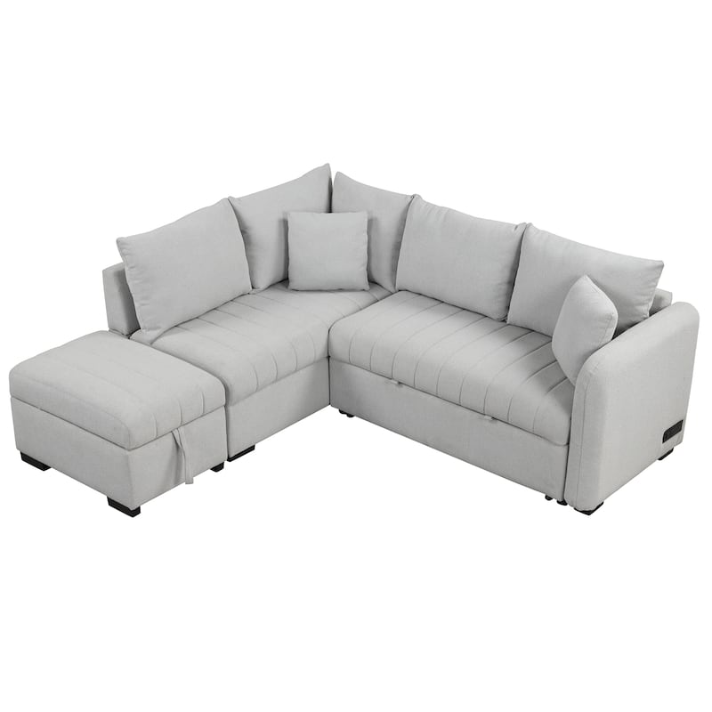Roomfitters L-Shaped Pull-Out Sleeper Sofa with USB Ports, Power Sockets, and Movable Storage Ottoman