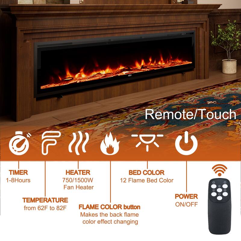 Clihome 50"-72" Recessed Wall-mounted Freestanding Electric Fireplace