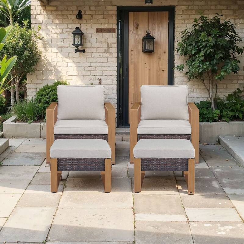 Pocassy Outdoor Patio Chairs Set for Garden Yards - 4 Pieces Patio Chairs w/ Ottoman - Brown Wicker Beige Cushion