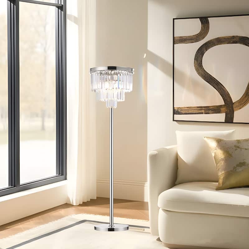 Modern Industrial Chandelier Floor Lamp with Crystal Fringe - Chrome