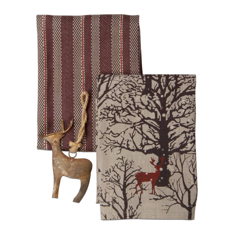 Evergreen Deer Dishtowel & Ornamt Set - Multicolor