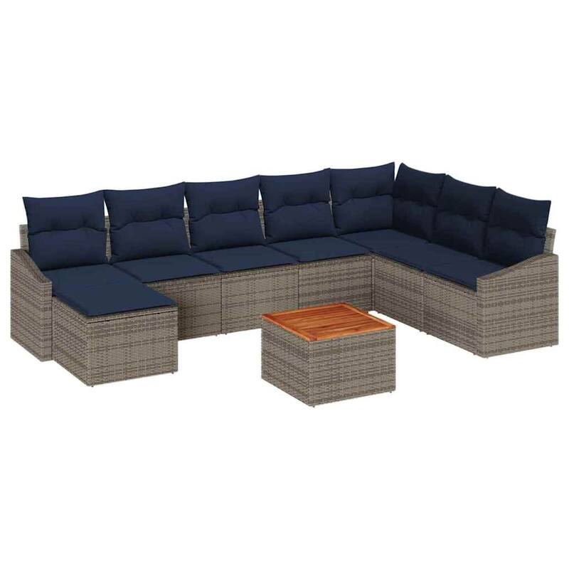 vidaXL 9 Garden Sofa Set with Cushions Black/Grey Poly Rattan - 113.8 x 70.3 x 27.2