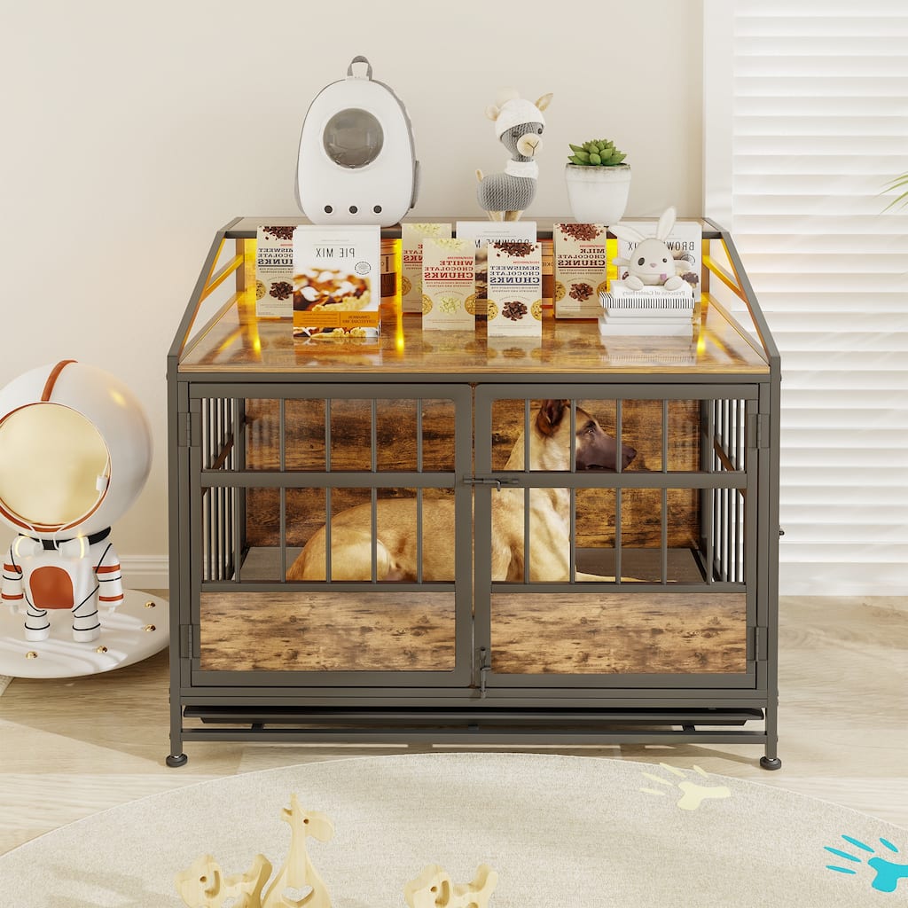 Anmytek Large Wooden Dog Crate Furniture Multi Function Indoor Dog Kennel with Storage and Double Doors