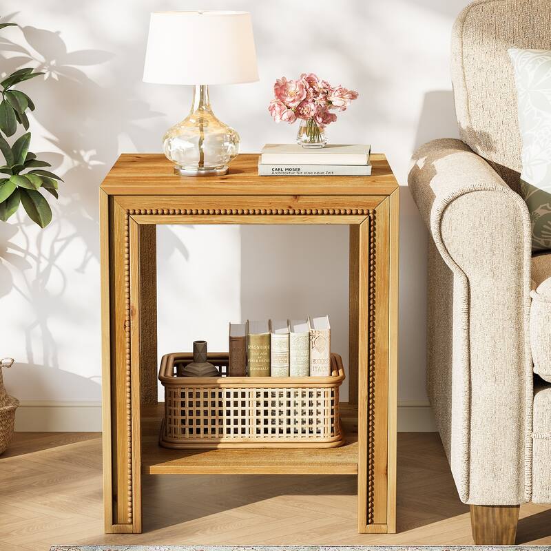 2-Tier Solid Wood End Table with Storage Shelves, Side Table Nightstand for Living Room Bedroom