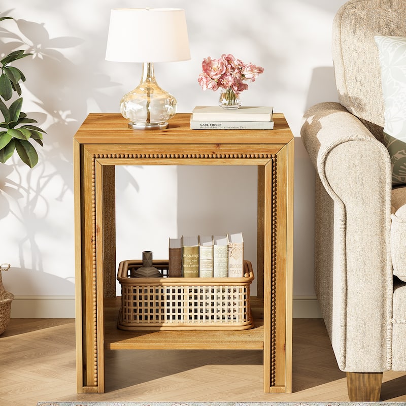 Solid Wood End Table, 2-Tier Side Table with Storage Shelves, Nightstand for Living Room, Bedroom