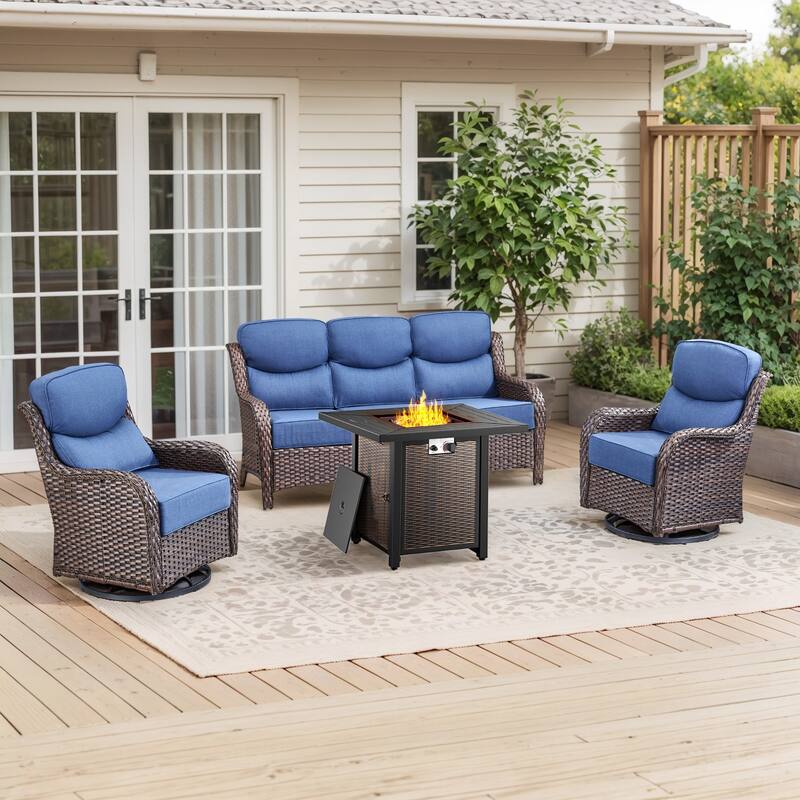 Pocassy 30 Inch Fire Pit Table with Sofa Swivel Chair Set - Blue Cushion Brown Wicker - 4-Piece Sofa Siwvel Chair w/ Fire Pit Table
