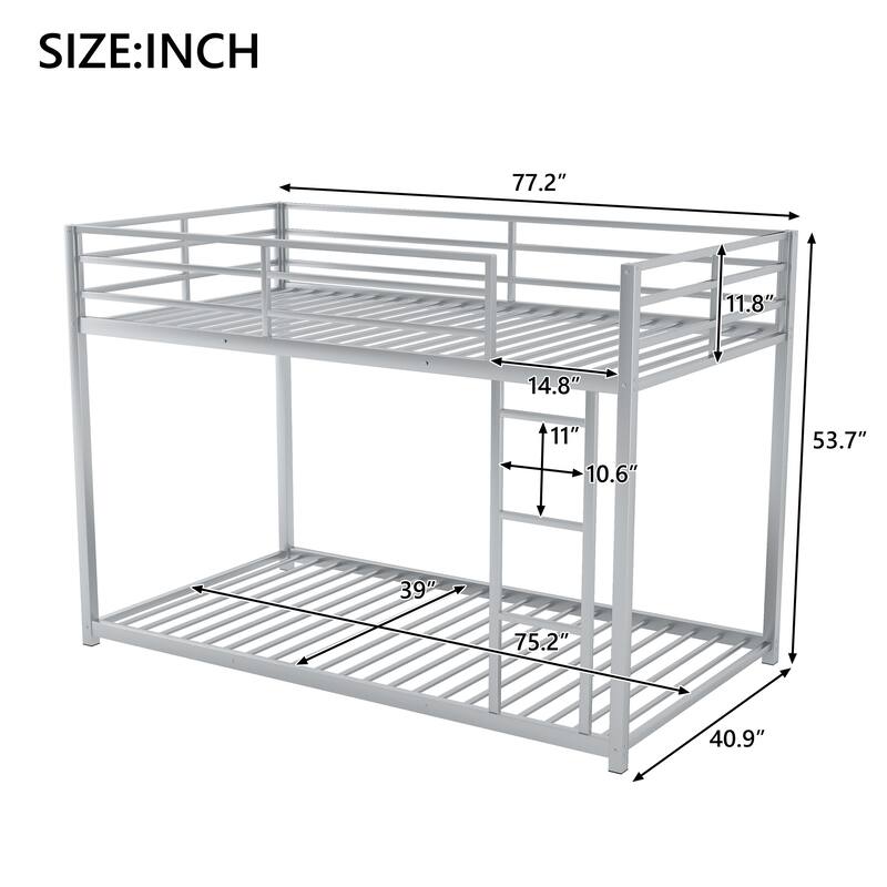 Twin/Full Size Metal Low Bunk Bed, Heavy Duty Steel Bunk Bed Frame with Built In Ladder and Guardrail