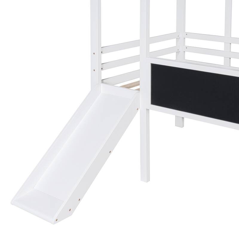 Twin Size Loft Bed with Ladder and Slid, House Bed Frame with Blackboard and Light Strip, Space-Saving Bed No Box Spring Needed