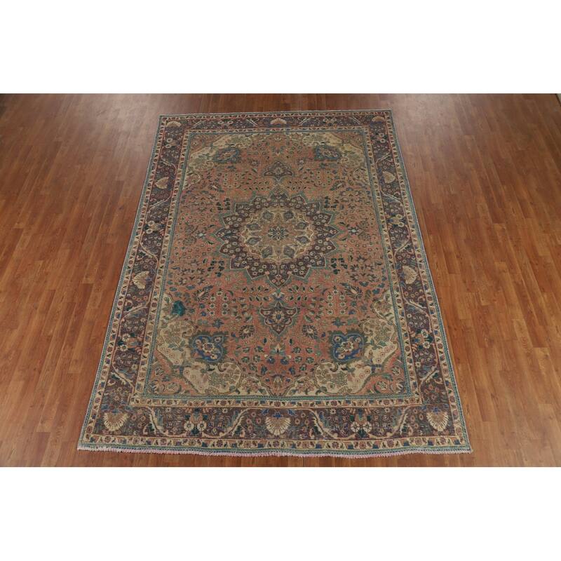 Medallion Tabriz Persian Vintage Rug Hand-Knotted Pink Wool Carpet - 6'10" x 9'8"