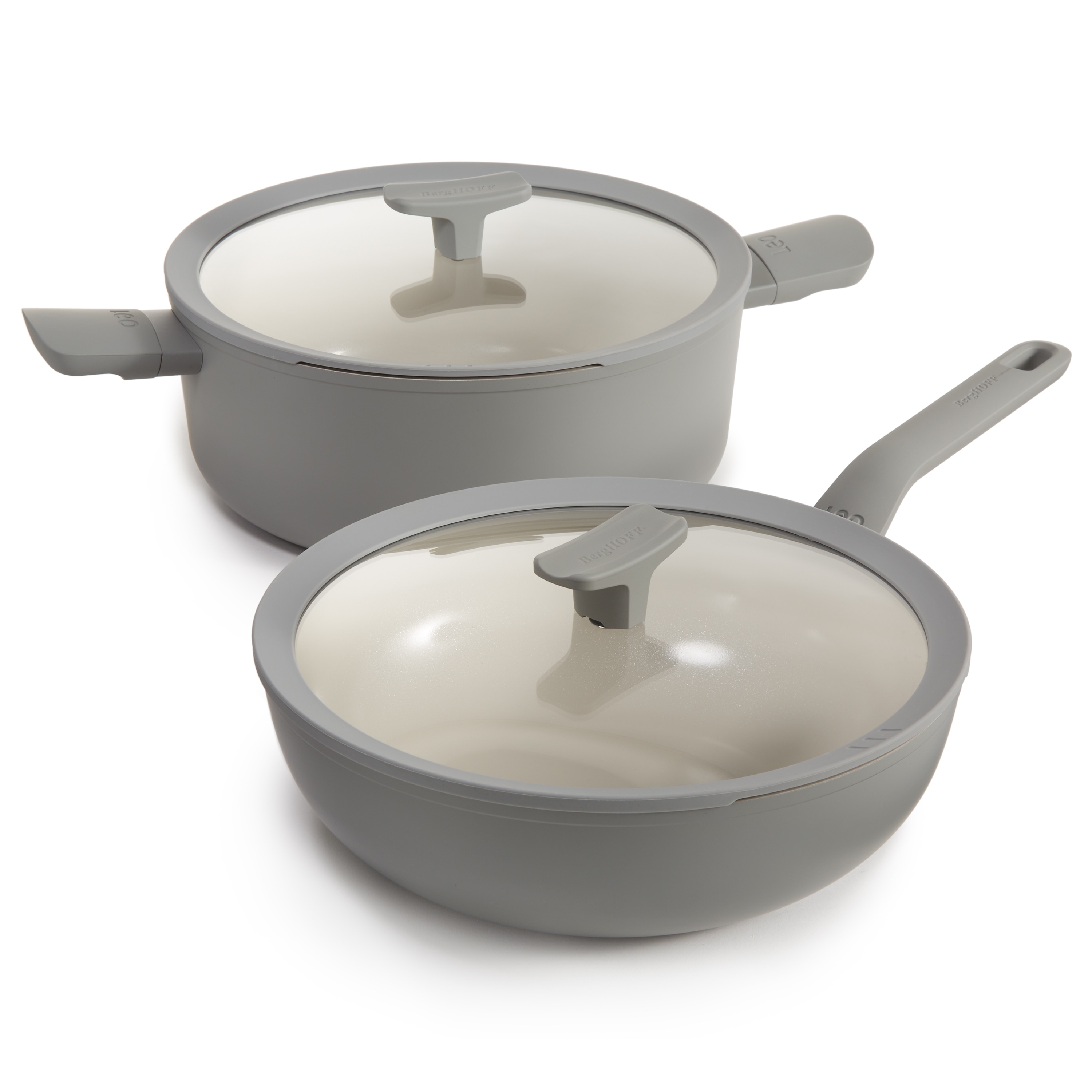 BergHOFF Balance 4pc Non-Stick Ceramic Stockpot and Wok Pan Set with Glass Lids, Recycled Aluminum, Moonmist - 4 Piece