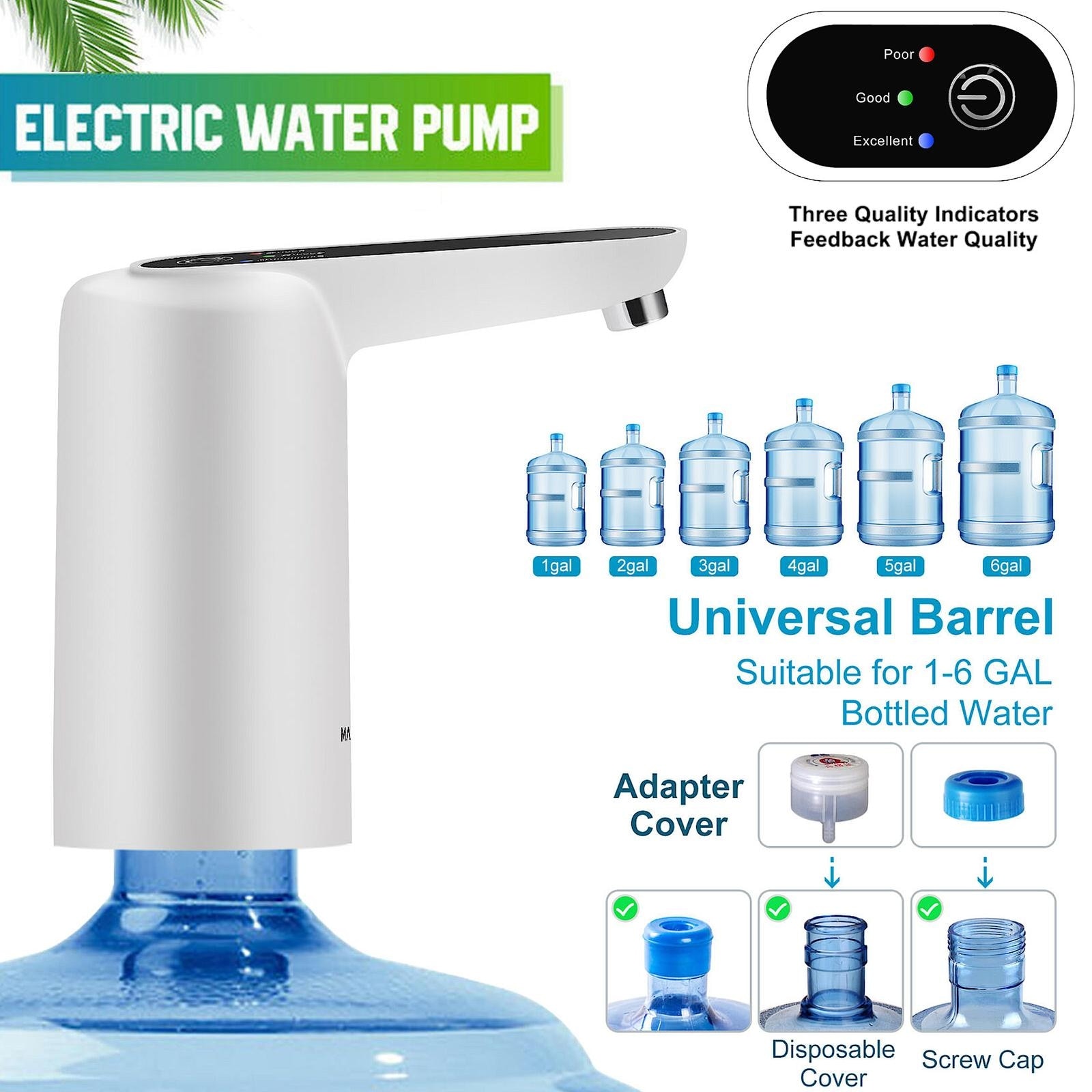 Water Pump Dispenser, Suitable for All 1.2.3.4.5.6 Gallon Bottle, USB Rechargeable Dispenser W/ Water Quality Tester for - S