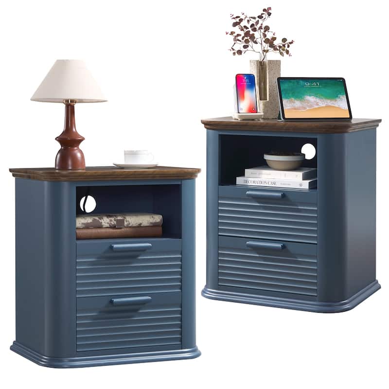 Modern End Table with 2 Drawers & Open Storage