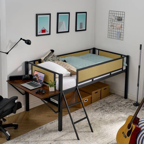 slide 2 of 20, Metal Loft Bed with Rectangular Desk, Rattan LED Loft Bed Frame with Storage Shelves and Hanging Storage Compartments Black+Brown