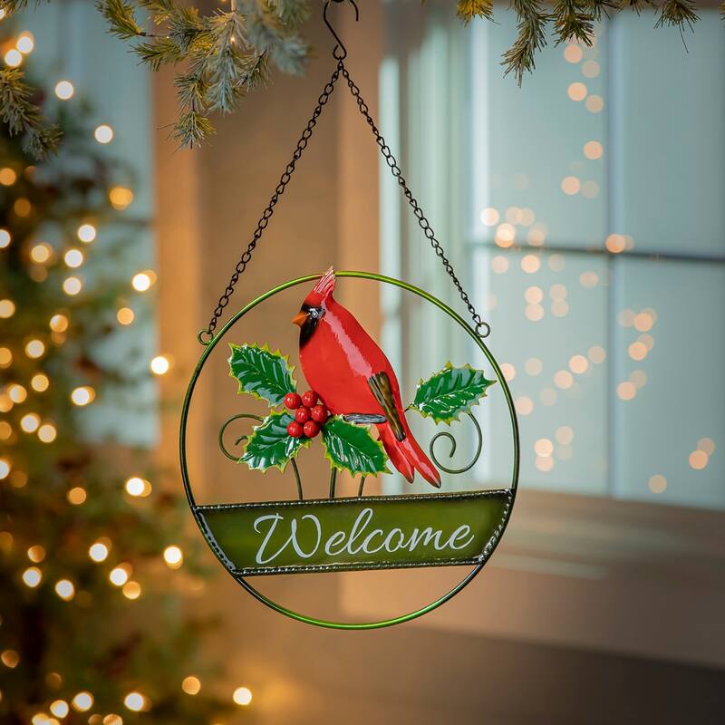 12" Hanging Christmas Metal Sign, Cardinal & Poinsettia