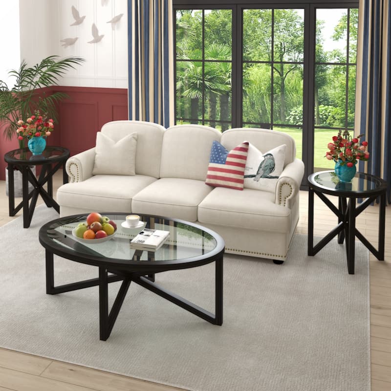Tempered glass coffee table solid wood base round transparent glass top modern living room terrace study coffee table