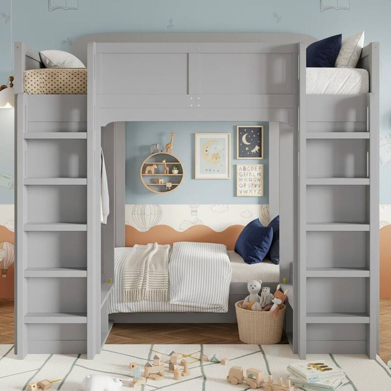 Triple Bunk Bed with Storage Shelves & Hooks by Harper&Bright Designs