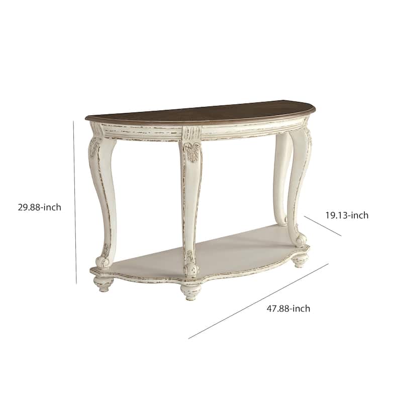 Crescent Moon Wooden Sofa Table with Engraved Details, Brown and White