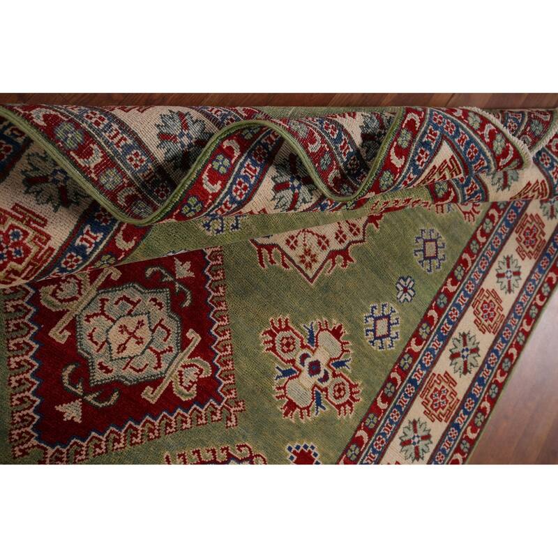 Green Geometric Kazak Area Rug Hand-Knotted Wool Carpet - 4'10" x 6'8"