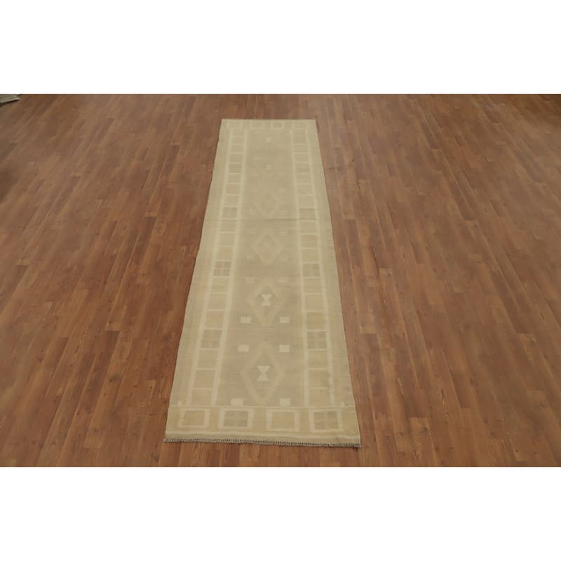 Hand Woven Oriental 100% Wool Carpet Southwestern Tribal Beige & Ivories Kilim Runner Rug - 10' 0'' X 2' 9''