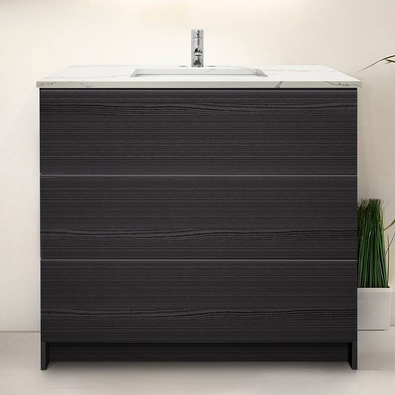 Element Standing 36 in x W x 22 in D x 35 in H Bathroom Vanity in Ebony with Galaxy Grey Quartz Top