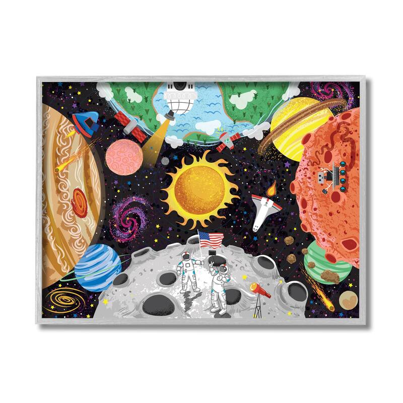 Stupell Lively Outer Space Planets Astronauts on Moon Framed Wall Art - Multi-Color - 16 x 20 - Grey