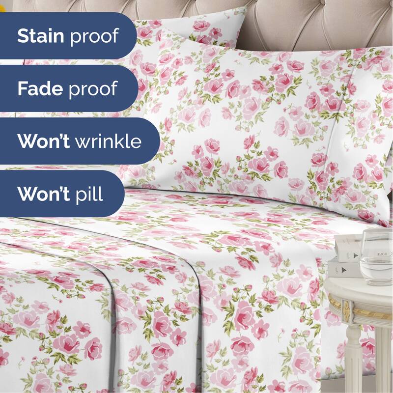 CGK Linens Luxurious 4 Piece Floral Sheet Set,Deep Pocket, Soft, Wrinkle-Resistant Pastel Botanical Bed Sheets