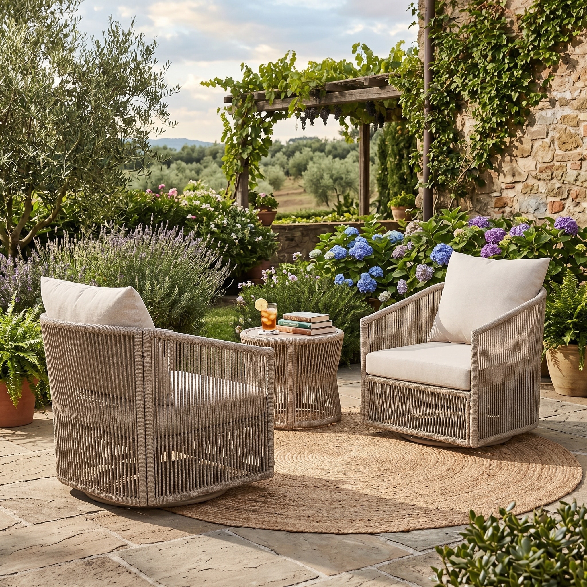 Christopher Knight Home - Ellis Set of 2 Outdoor Swivel Patio Chairs, Handwoven Rope 360° Base & Water-Resistant Cushions