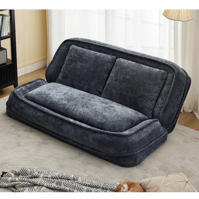 Pet Friendly Lazy Loveseat Sofa 2-in-1 Chenille Floor Couch Double Human Sleeper Bed with 5 Adjustable Position, Plump Pillows