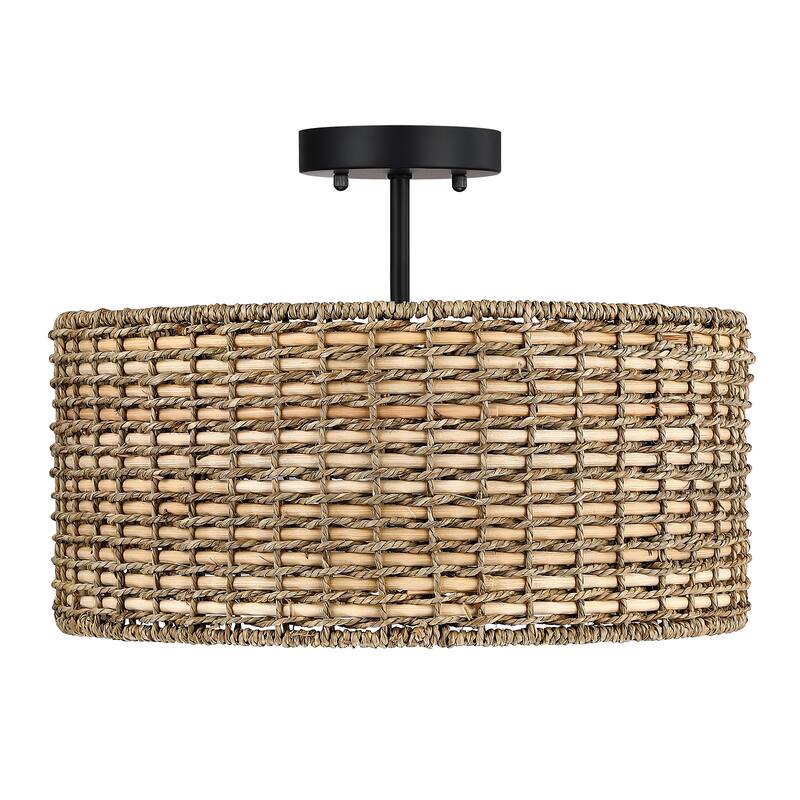 Lennie 3-Light Rattan Drum Semi-Flush Mount Ceiling Light - 16'' W