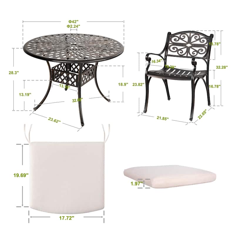 Patio 5 Pieces Cast Aluminum Dining Set with Umbrella Hole and Cushions