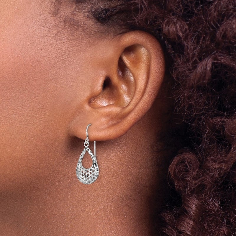 Curata 10k White Gold 29x12mm Textured Tear-drop Hook Dangle Earrings