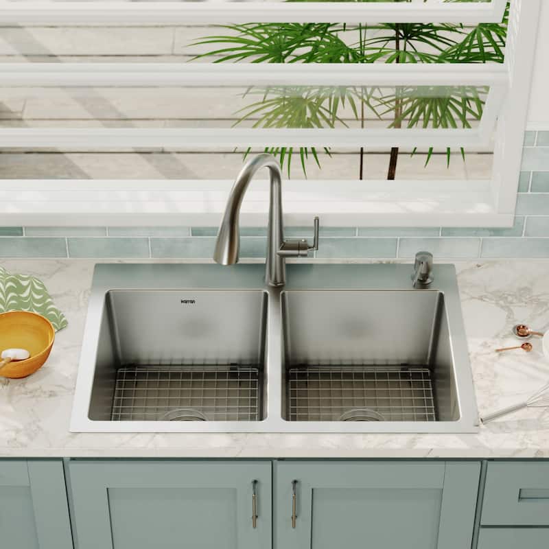 Karran 33" Top Mount Double Equal Bowl Stainless Steel Sink Kit