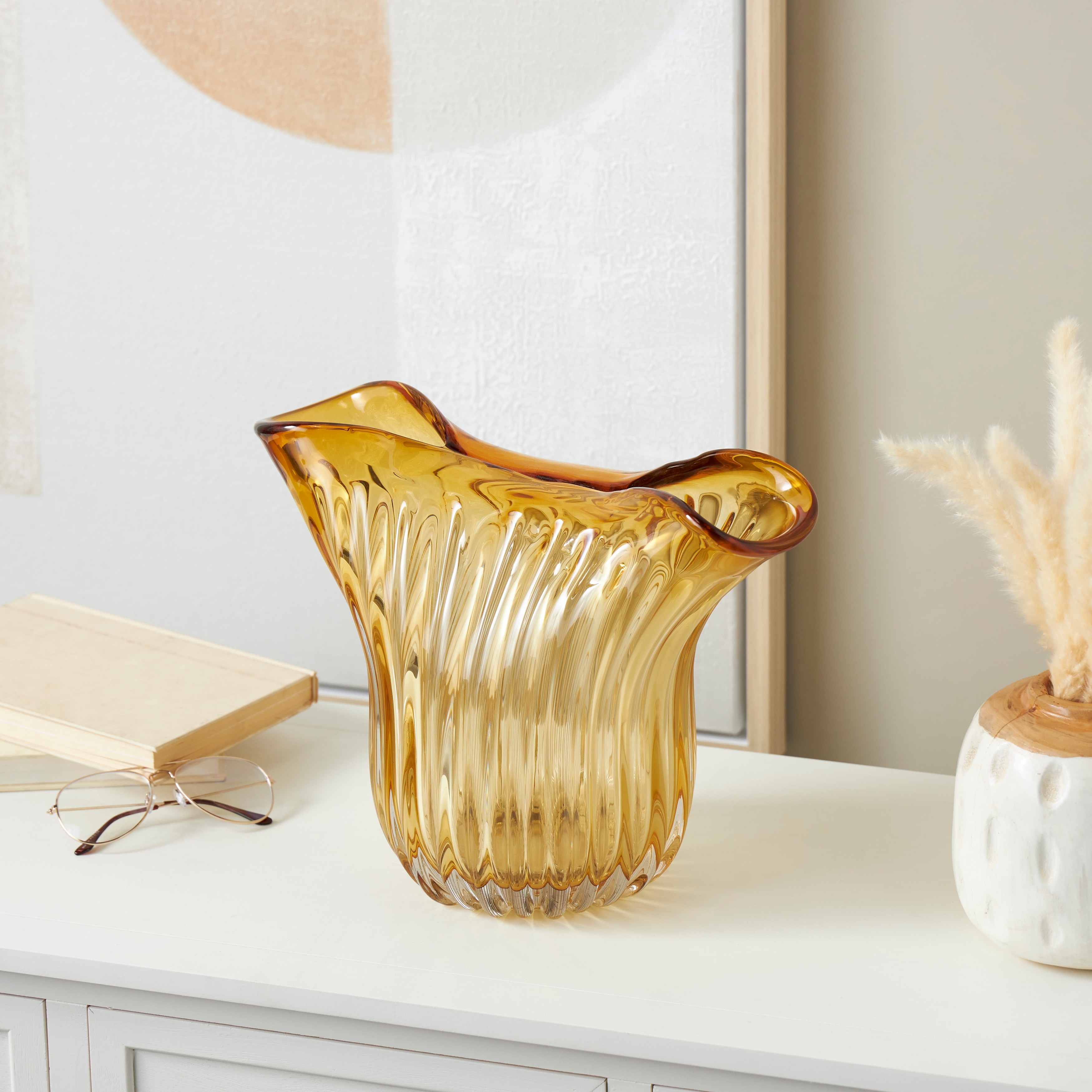 Orange Glass Ribbed Ombre Abstract Decorative Vase with Folded Curve Opening