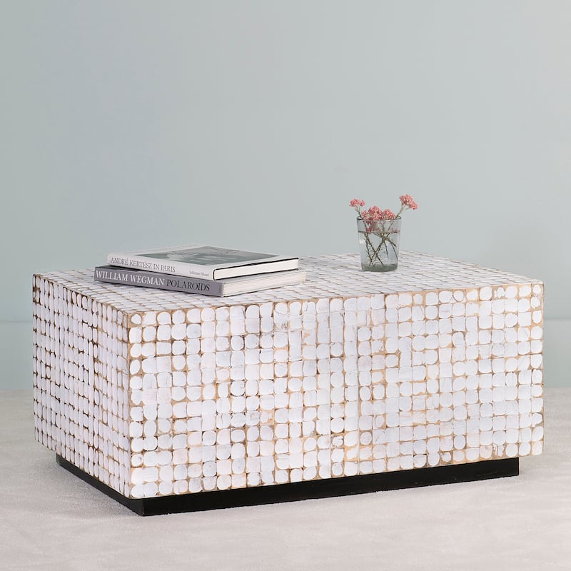 White Patina Coconut Shell Rectangular Coffee Table by East at Main