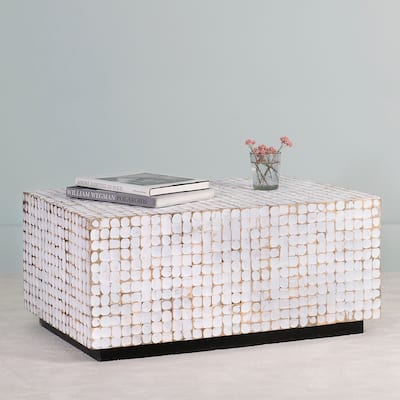 White Patina Coconut Shell Rectangular Coffee Table by East at Main