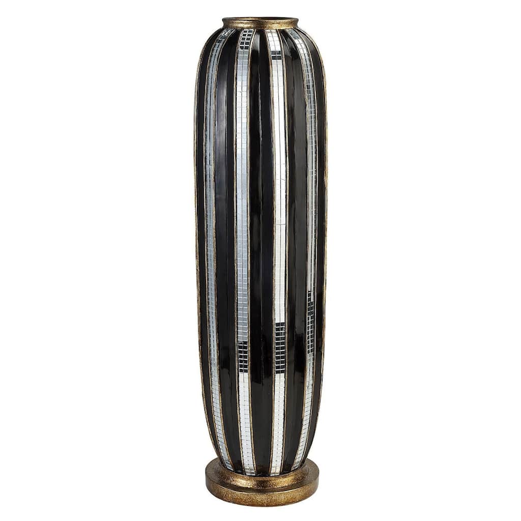 Black and Silver Polyresin Floor Vase with Striped Mosaic Glass 21 Inch Cylinder