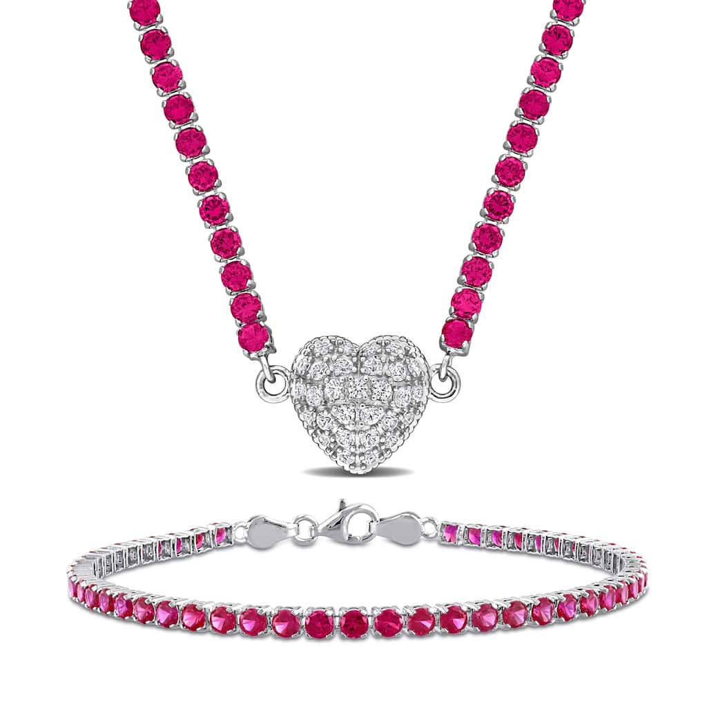 Miadora 19 1/3ct TGW Created Ruby Created White Sapphire Necklace Bracelet Set in Sterling Silver