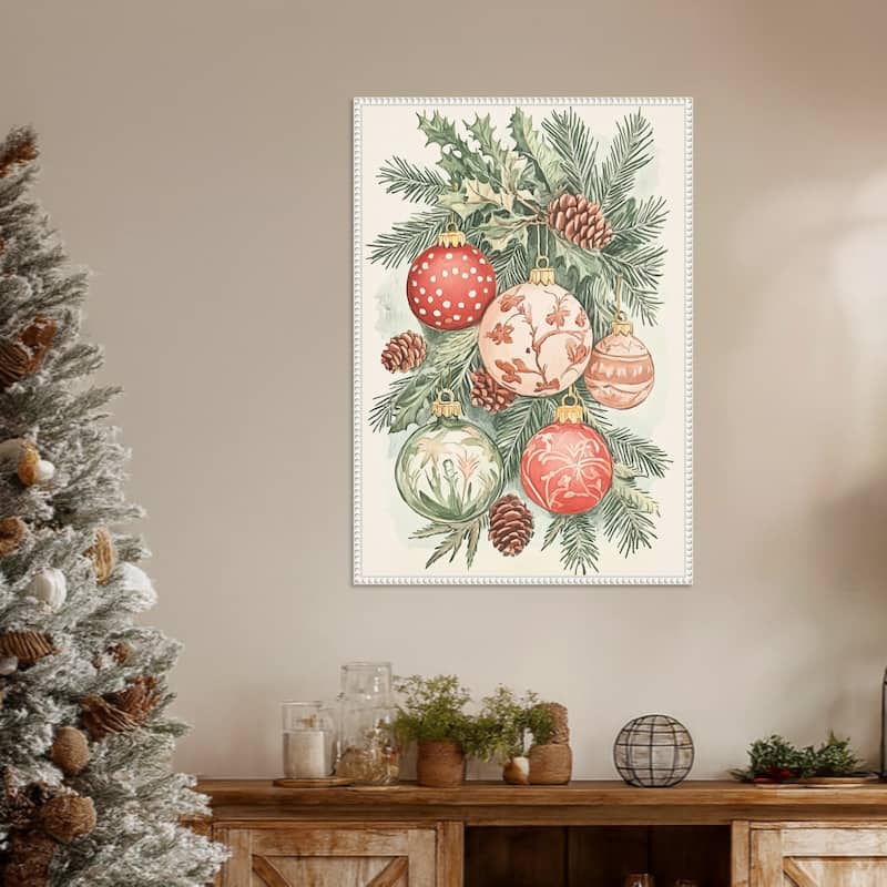 Christmas Ornaments I by Melloi Art Prints (23 x 33 in.), Framed Canvas Wall Art Print - Sylvie Beaded White