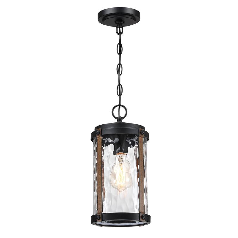 1-Light Matte Black and Barnwood Accents Outdoor Hanging Pendant Light
